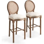 Lot de deux tabourets de bar design chaise siège rotin blanc crème
