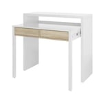 Bureau Damodi, Bureau avec plateau extensible, Bureau PC avec 2 tiroirs, 99x36h88 cm, Blanc et Chêne