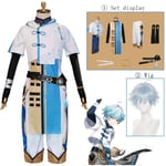 Anime Game Genshin Impact Chongyun Uniform Outfit Cosplay Halloween Party Kostymer Män Kvinnor Peruk Cosplay Unisex Anime Carnival suit + wig S