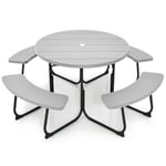 GIANTEX Ensemble Salon de Jardin Extérieur-8 Personnes-Table de Pique-Nique/Jardin avec Trou de Parasol+4 Bancs-Cadre en Fer-Gris