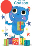 BIRTHDAY CARD WITH LOVE, GODSON - BLUE MONSTER/ALIEN, PRESENTS, RED BALLOON