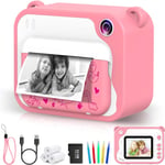 Appareil Photo Instantané 2,4"" 1080P Pour Enfant Avec 3 Rouleaux De Papier À Imprimer Et 5 Couleurs Stylo Pinceau Cadeau Pour Enfant Noir Et Blanc Avec Carte Mémoire 32 Go ¿ Rose