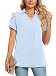 Aodemo Women's Summer Collared V Neck Chiffon Blouse Dressy Business Tunic Petal Short Sleeve Office Shirt Tops for Work 2XL, Light Blue