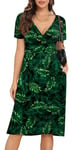 CHANGMU Women's Midi Dresses Ladies Summer Wrap Dress Casual Short Sleeve Frocks with Pockets, Print Floral Green, Small