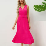 (Rose Red M)Pleated A Line Dress Deep V Neck Long Sleeveless Pleated Midi BGS