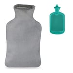 Relaxdays Bouillotte, Poche Eau Chaude avec Housse, Volume 1,5 L, Grande Bouteille, Enfants & Adultes, Turquoise - Gris