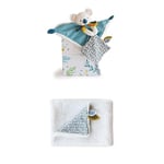 Doudou et Compagnie Lot Doudou Koala Plat Yoca 25cm Bleu + Plaid Couverture Polaire 100x70cm Blanc - Boite Cadeau - Extra Doux - pour Bébé Fille/Garçon - Garantie Doudou Perdu - DC3668 + DC3685