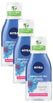 NIVEA Démaquillant Yeux Double Action au Bleuet (1 x 125 ml), nettoyant visage enrichi en eau purifiée, soin visage femme pour tous types de peaux, format voyage (Lot de 3)