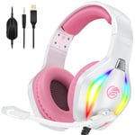 Fachixy 「2024 New」FC100 Casque Gaming pour PC/PS4/PS5/Xbox/Mac/Nintendo Switch, Casque Gamer PS4 avec Lumière RVB, Casque PS5 avec Micro, Casque Antibruit avec Prise Jack 3,5 MM - Blanc Rose