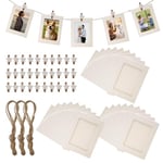 Lot de 30 cadres photo en carton - 10 x 15 cm - Blanc - Avec 30 pinces en bois et 3 cordes de chanvre - Pour Anniversaire, Mariage, Fête Décoration DIY