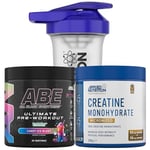 Applied Nutrition Bundle ABE Pre Workout 375g + Creatine 250g + 700ml Protein Shaker | All Black Everything Pre Workout Powder, Energy & Performance with Creatine, Beta Alanine (Bubblegum Crush)