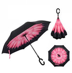 Cisixin Parapluie Inversé avec Mains Libres Poignée en Forme C, Double Couche Coupe-Vent Anti-UV Soleil, Parapluie Canne Idéal pour Voyage et Voiture (Marguerite)