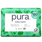 Pura Eco Friendly Baby Water Wipes 3 x 60 per pack, (180 Wet Wipes) 100% Plastic Free, 99% Water, Biodegradable, Compostable, Vegan Monthly Pack, Suitable for Sensitive & Eczema Prone Skin