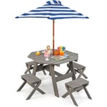 Table de Pique-Nique Enfant avec Parasol Amovible & Réglable, Table de Jardin Extérieur Octogonale avec 4 Tabourets, Charge 100kg pour 4 Enfants de 3