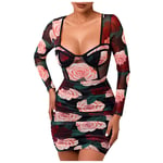 HINK Dress For Woman Uk,Party Daily Long-Sleeved Low-Cut Pleated Sexy Sense Of Rose Dresses For Women Black,Ladies Dress For Valentine Easter