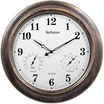 SkyNature Grande Horloge d'extérieur avec thermomètre et hygromètre – Horloge en métal silencieuse à Piles de 45,7 cm – Horloge de Jardin décorative pour terrasse, Piscine et Maison – Bronze