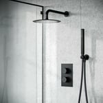 Matte Black Round 200mm Shower with Hand Held Set Thermostatic Mixer Valve Temel