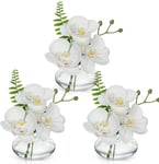 Briful Set of 3 Artificial Orchids in Glass Vase, White Orchids Fake Flowers in