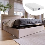 Lit coffre lit rembourré lit double hydraulique 160x200cm, avec matelas, sommier à lattes en bois, lit avec sommier à lattes en métal, lin, beige