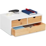 Boîte à tiroirs, bambou et mdf, mini-commode 3 compartiments, hlp : 14 x 33 x 21 cm, organiseur, nature/blanc - Relaxdays