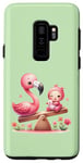 Coque pour Galaxy S9+ Flamant rose mignon et bébé sur une balançoire sur un vert