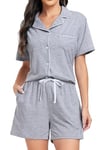 Lovasy Pyjama Coton Femme Short Ensemble Pyjamas Légers Col V Manches Courtes Chic Été 2 Pièces Vêtements de Nuit Court Boutonnée A Gris Clair XL