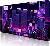 Grand tapis de souris violet avec dessin animé japonais pour bureau, dessin animé néon Tokyo Street Pixel, grand tapis de souris de jeu XXL, Skyline City, 90,9 x 40 cm, Vaporwave rétro.[F563]