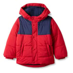 Amazon Essentials Boys' Heavyweight Hooded Puffer Jacket, Navy Red Colour Block, 4 Years