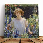 Big Box Art Canvas Print Wall Art Charles C. Curran Girl in The Flowers | Mounted & Stretched Box Frame Picture | Home Decor for Kitchen, Living Room, Bedroom, Hallway, Muli-Colour, 20x20 Inch