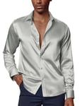 Chemise Homme Chemise en Satin à Manches Longues avec Noeud Papillon Assorti Patte de Boutonnage Chemise de Costume Coupe Slim M Gris Argenté