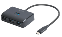 USB-C-hub Deltaco, USB-C till 4xUSB-A, extra strömtillförsel - Svart