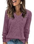 Aokosor V Neck Jumpers for Women UK- Ladies Basic Lightweight Jumpers Women Long Sleeve Tops for Leggings Tunic Purple Size 6-8