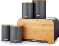 5pc Kitchen Canisters, Breadbin Set, Tower T826140GRY Scandi Bamboo & Grey