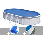 GRE - Kit piscine acier blanc Gré Fidji ovale 7,44 x 3,99 x 1,22 m + Bâche à bulles + Tapis de sol