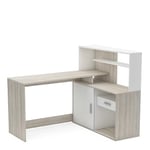 Demeyere Bureau d’Angle avec Rangement & 1 Porte Coulissante en Bois – Style Naturel – Coloris Chêne Shannon & Blanc Mat-137 x 113 x 108 cm