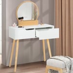 Coiffeuse scandinave 2 tiroirs horia bois et blanc avec miroir led - Blanc