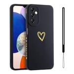 Jeelar ESONG Coque pour Samsung Galaxy A15 5G,avec Motif Coeur d'amour Doré Mignon/dragonne,Belle Case pour Femme/Fille,Ultra Fine Housse en Silicone Souple Fantaisie TPU Etui-Noir