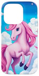 iPhone 14 Pro Pink Unicorn with Clouds and a Bright Rainbow Case