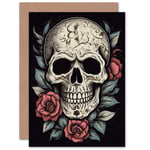 Skull and Roses Old School Tattoo Ink for Wife Her Birthday Blank Greeting Card