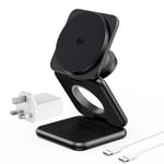 KU XIU X40Q 3-in-1 Wireless Charging Station, Qi2-Certified 15W Fast Wireless Charger for iPhone 16/15/14/13/12, 5W for Apple Watch & AirPods 4/3/2 Pro, Portable Foldable Design - Black