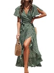 CUPSHE Women Summer Wrap Maxi Dress Casual Split Flared Sleeve V-Neck Ditsy Dress Tie Waist Ruffle Beach Dress Green M