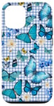 Coque pour iPhone 15 Pro Papillons bleus sur plaid bleu ciel avec fleurs vintage