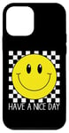 Coque pour iPhone 12 mini Have a Nice Day, sourire rétro des années 70, visage souriant à carreaux