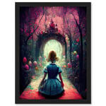 Alice In Wonderland Through Looking Glass Enchanted Pink Forest Artwork Framed Wall Art Print A4