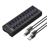 FIDECO Powered USB 3.0 Hub, 10-Port Aluminum USB Hub with Independent On/Off Switch, USB Extension Hub and Splitter with USB C to C Cable, USB A to C Cable, and 12V 4A Power Adapter