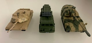 3 Die-Cast/ Plastic 1:72 Scale M1 Abrams, BM-27 Uragan Rocket Launcher & Panzer