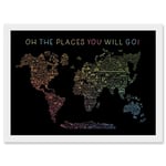 Artery8 World Travel Landmark Line Map Oh The Places You Will Go! Rainbow Black Artwork Framed A3 Wall Art Print