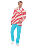 Smiffys Where's Wally Suit, Adults Red & White Jacket, Trousers & Tie, Iconic Stripe Suit for a Unique Look with Button & Zip-Up Trousers, Perfect for a Themed Parties or World Book Day or Halloween