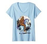 Femme Big Foot On A Unicorn In The Moonlight Drawing T-Shirt avec Col en V