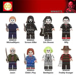 8-pack/set Heta Skräckfilmskaraktärer Mini Figurer Billy Freddy Jason Byggklossar Minifigurer Leksaker Barn Halloween Kreativa Gåvor Presenter[HK]